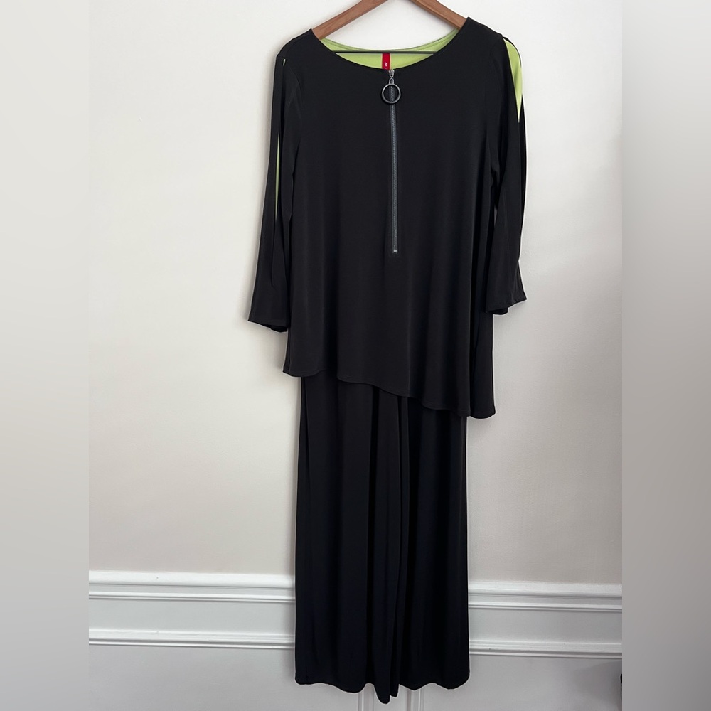 IC By Connie K Jumpsuit Black Lime Green wide leg slinky M